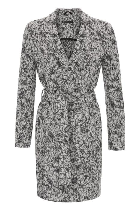 Wool coat tied at the waist with an original pattern.